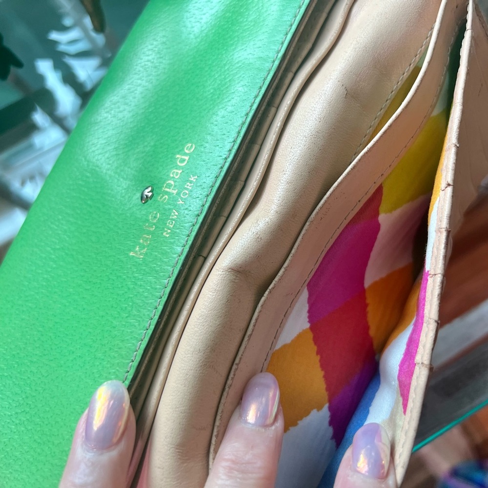 Vintage Kate Spade Green Leather Wallet Double Snap Closure Gold Accents - Picture 7 of 8